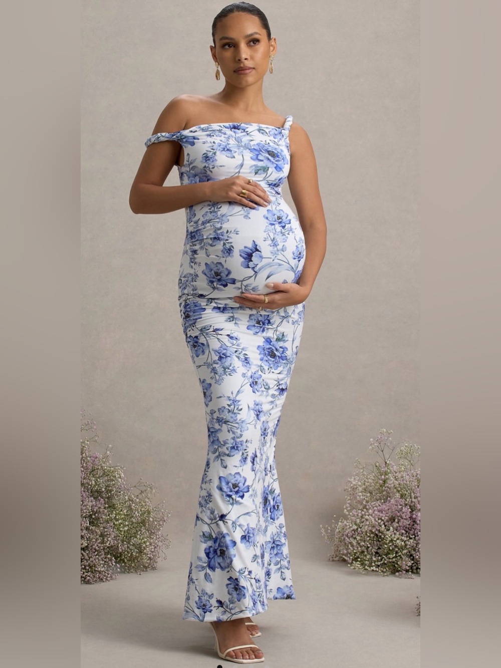 One-Shoulder White and Blue Floral Maternity Dress